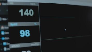 Close-up view of the screen of patient monitor displays vital signs ECG electrocardiogram EKG and oxygen saturation SPO2 video