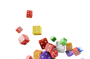 multicoloured 3d falling casino dice on transparent background png