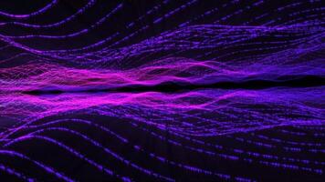 Symmetrical energy field of abstract double pink-purple waves of luminous particles on dark background. video