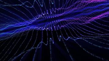 simétrico energia campo do abstrato Duplo rosa-azul ondas do luminoso partículas em Sombrio fundo. video