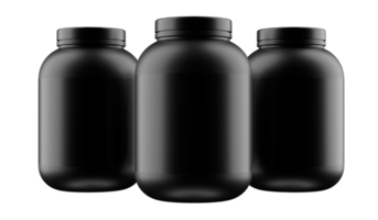 3 whey protein supplement container tubs on transparent background png