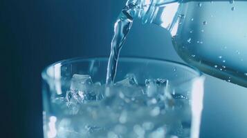 Pouring water from bottle into glass on blue background photo