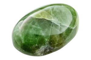 Macro shot of polished green Nephrite gemstone on white background. photo