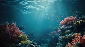 Sea deep or ocean underwater with coral reef as a background photo