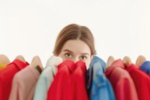 Happy woman shopper in red dress peeking through clothes rack. photo