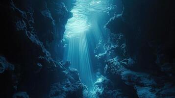 Underwater Sea Deep Abyss With Blue Sun light photo