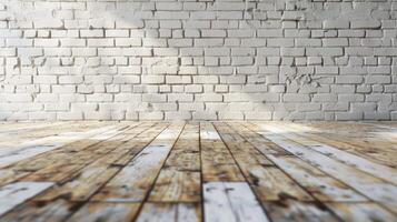 room interior vintage with white brick wall and wood floor background photo