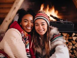 Multiracial women relaxing at home chalet in front of fireplace during winter time. Cozy time with friends concept photo