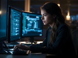 Female programmer at work close-up. Woman career concept photo