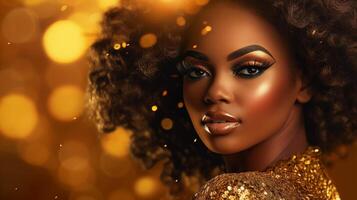 Portrait of gorgeous black woman in golden dress on glitter background photo