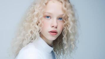 hermosa albino adolescente niña con Rizado cabello, ingenuo facial expresión y rechoncho labios de cerca. natural belleza con brillante sano piel. publicidad de productos cosméticos, perfumes foto