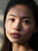 Portrait of a young Asian woman with skin details close-up. Natural beauty of a cute model photo