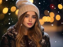 Portrait of a smiling girl in warm clothes against the backdrop of a winter street photo