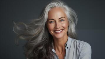 maravilloso envejecimiento contento mujer con largo gris cabello, brillante sano piel de cerca. publicidad de productos cosméticos, perfumes foto