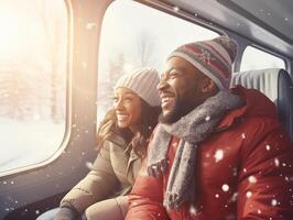 retrato de joven negro hombre y mujer mirando a el nieve mediante tren ventana foto