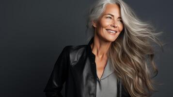 maravilloso envejecimiento contento mujer con largo gris cabello, brillante sano piel de cerca. publicidad de productos cosméticos, perfumes foto