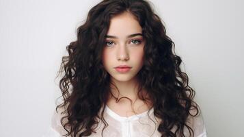 Beautiful teen girl with blue eyes, black curly hair, naive facial expression close-up. Natural beauty with glowing healthy skin. Advertising of cosmetics, perfumes photo