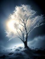 Beautiful winter tree covered in snow, sun on the background. Winter landscape photo