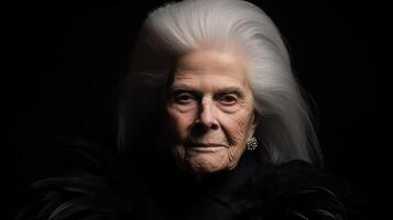 Portrait of strict senior lady with long gray hair, stylish clothes decorated with black feathers, diamond earrings on dark background photo