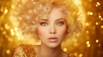 Portrait of gorgeous blonde woman in golden dress on glitter background photo