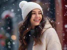 contento caucásico joven mujer en de punto sombrero y blanco lana suéter en invierno antecedentes foto