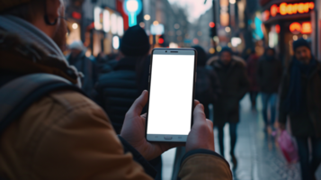 en nyfiken turist står klämmer fast en smartphone med en tom, vit skärm i en utländsk stad png