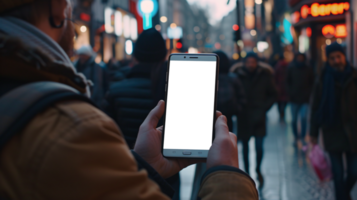 uma curioso turista carrinhos agarrando uma Smartphone com uma em branco, branco tela dentro uma estrangeiro cidade png