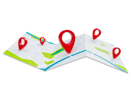 Folded maps navigation with red color point markers map. World travel pin location on a global map for travel tourism trip planning world tour. 3d rendering png