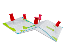 plié Plans la navigation avec rouge Couleur point Marqueurs carte. monde Voyage épingle emplacement sur une global carte pour Voyage tourisme voyage Planification monde visite. 3d le rendu png