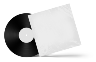 vinyle disque record et couverture maquette modèle avec transparent Plastique emballage texture. modèle réaliste rétro conception pour divertissement publicité, la musique studio l'image de marque. 3d le rendu png