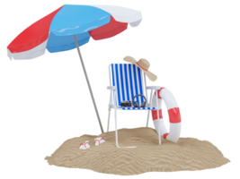 été vacances avec plage chaises, parapluie, chapeau, caméra et plage accessoires. été vacances concept pour Voyage agence afficher vente ou représenter. 3d le rendu png