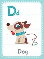 Alphabet printable flashcard with letter D. Cartoon cute dog animal picture and english word on flash card for children education. School memory cards for kindergarten kids flat illustration. vector