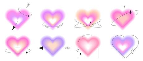 Set of y2k valentine gradient hearts with blur effect. Blurred aura soft pastel color elements, glow aesthetic stickers with linear forms and sparkles. Modern minimalist love symbol for valentine day. vector