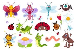 Flat set of cute insects. Funny bugs, smiling beetles and flowers isolated on white background. Kids collection of grasshopper, dragonfly with wings, ant, bee, caterpillar and red ladybug. vector