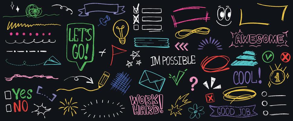 Hand drawn sketch pencil text underline, arrow, emphasis line accent element and expression sign. Doodle punctuation marks, charcoal scribbles, strokes. Color frame, check list, tick and checkbox icon
