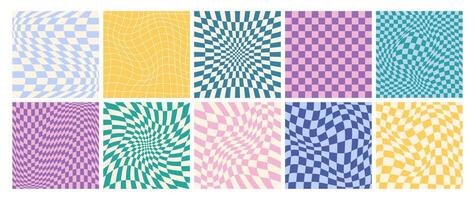 Set of psychedelic checkerboards with distorted grid tile. Groovy checkered seamless patterns in trendy y2k style. Funky hippie gingham wallpaper. Retro chessboard with surreal wavy geometric shapes. vector