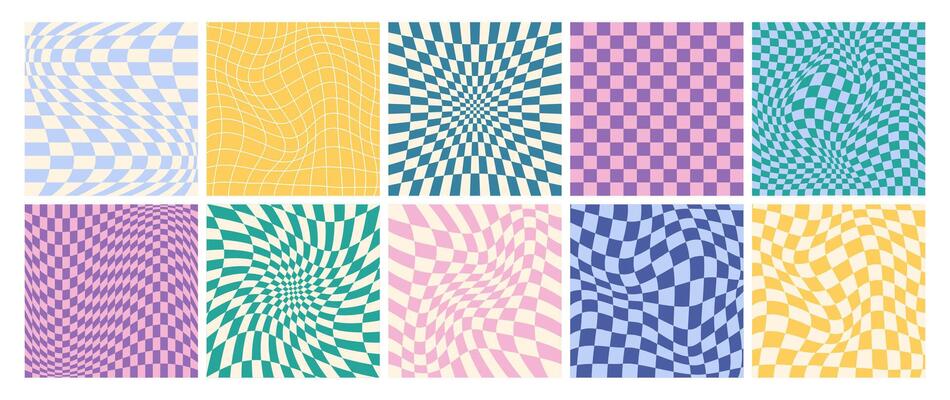Set of psychedelic checkerboards with distorted grid tile. Groovy checkered seamless patterns in trendy y2k style. Funky hippie gingham wallpaper. Retro chessboard with surreal wavy geometric shapes.