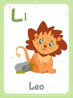 Alphabet printable flashcard with letter L. Cartoon cute lion animal and english word on flash card for children education. School memory cards for kindergarten kids flat illustration. vector