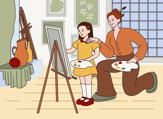 Girl artist drawing on canvas with watercolors and brush in art education class. Child studying painting with teacher support. Student with easel draw, practice artistic skill flat illustration