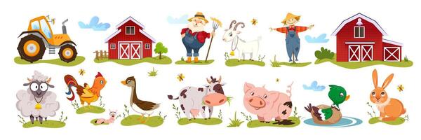 Farm set with cute animals, farmer character, barn houses, yellow tractor and scarecrow on white background. Wooden farmhouse or stable with cartoon funny farming pets flat illustration. vector