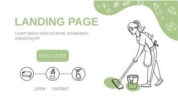 Cleaning service landing page with hand drawn illustration of professional eco friendly products and household worker with mop, bucket. Woman in uniform clean house with liquid detergents. vector