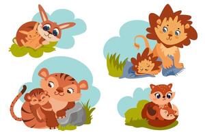 dibujos animados linda bosque animales con dormido bebé. familia conjunto de marrón león, tigre, zorro y Conejo caracteres con pequeño recién nacido niños contento madres con pequeño niños plano ilustración. vector