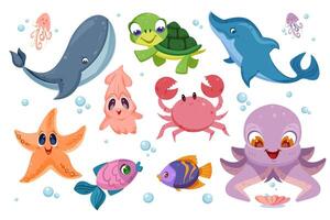 Cute sea animals and different fish. Underwater ocean life with funny characters of octopus, turtle, starfish, squid and crab. Happy whale and dolphin. Aquatic creatures set flat illustration. vector