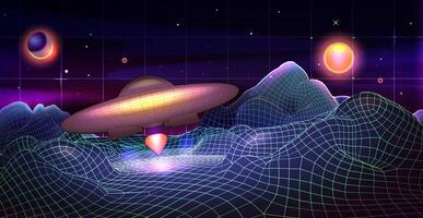 Retro futuristic landscape with spaceship, planet, sun, starry sky. illustration of vaporwave laser sci fi grid abstract mountains in 80s synthwave retrowave style. Neon night glowing surface. vector