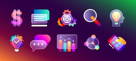 Glassmorphism matte ui icon set with blurred neon gradient for mobile app design. Transparent frosted glass morphism icons of business strategy, chart, web settings, money sign and search magnifier. vector