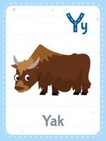 Alphabet printable flashcard with letter Y. Cartoon cute brown yak animal and english word on flash card for children education. School memory card for kindergarten kids flat illustration. vector