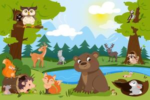 Cartoon forest animals in wild nature. Natural landscape with lake, cute bear, squirrel, fox, wildlife wolf and deer. Hare hole, woodpecker hollow and birds on trees. Woodland burrow with hedgehog. vector