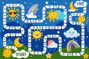 Family board game for children. Kids boardgame with cute weather elements on dark sky. Path, numbers and sun, moon, colorful rainbow, funny cloud and happy star on playing field illustration. vector