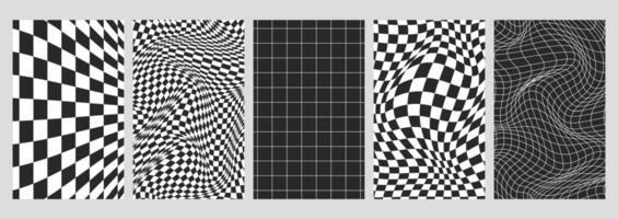 Set of psychedelic checkerboards with distorted black and white grid tile. Checkered seamless geometric patterns in trendy y2k style. Retro chessboard with surreal wavy lines, warped distortion effect vector