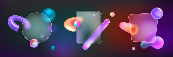 Transparent frosted acrylic frame with 3d geometric shapes in glass morphism style. Glassmorphism plates with blur effect. Violet realistic volumetric glossy gradient neon objects under matte frames. vector